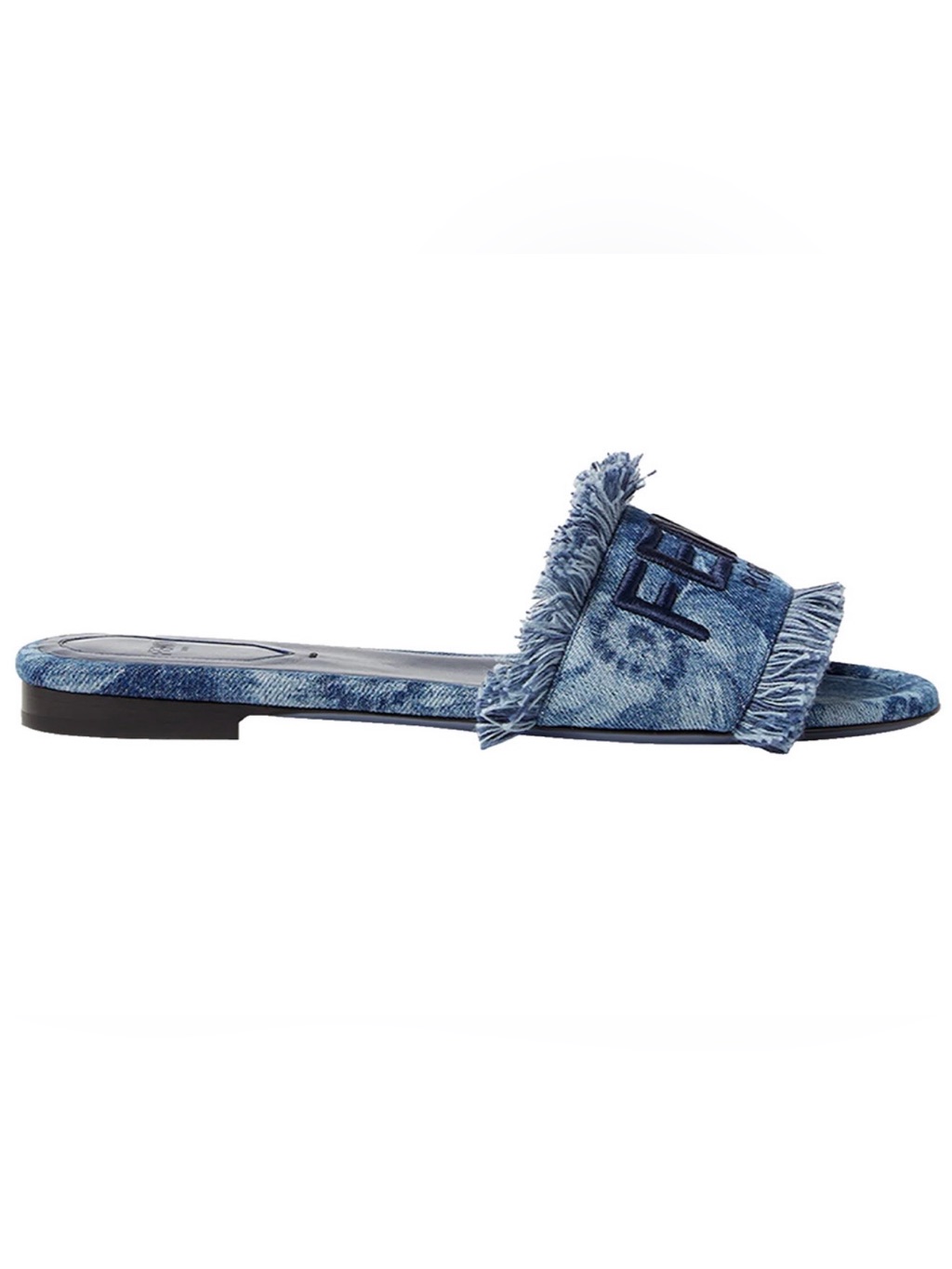 Fendi Sunshine Blue Denim Frayed Ff Logo Mule Slide Sandal 38